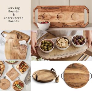 “A collage of various serving and charcuterie boards with inscriptions.”
